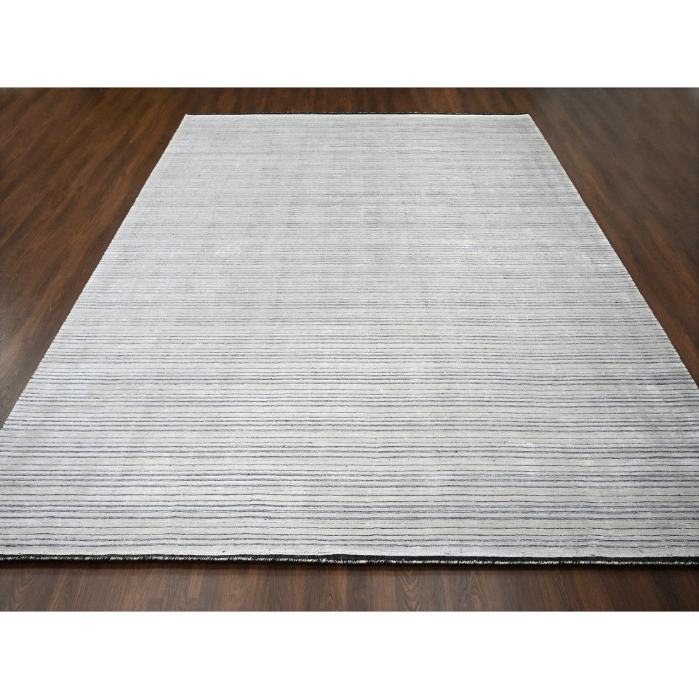 Ivory and Black Wool and Silk Hand Loomed Modern Oversize Oriental Rug 12'2"x15'