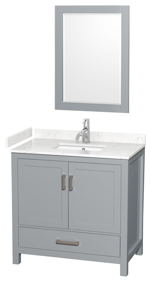 36"SGL Bathroom Vanity Gray, Carrara Cult. Marble Countertop, Sink, 24" Mirror