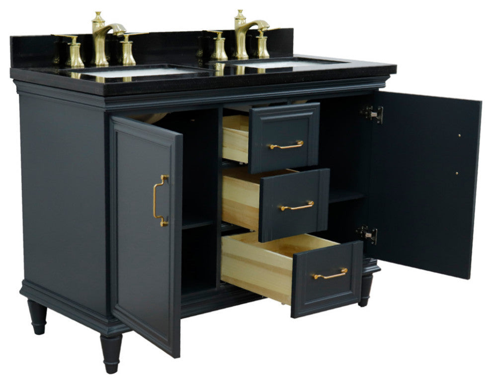 49" Double Vanity, Dark Gray Finish With Black Galaxy And Rectangle Sink