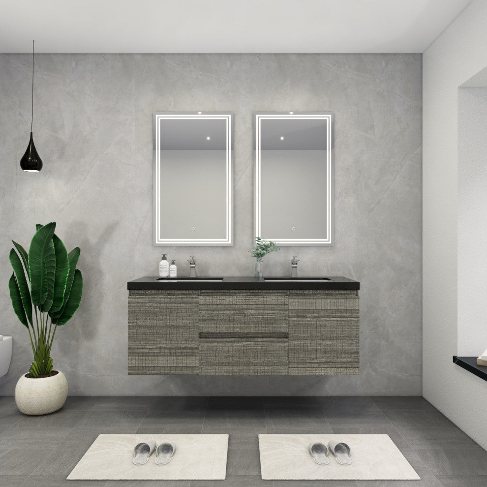 Belli 60" Double Sink Wall Mount Vanity Set, High Gloss Ash Gray, Matt Black Top