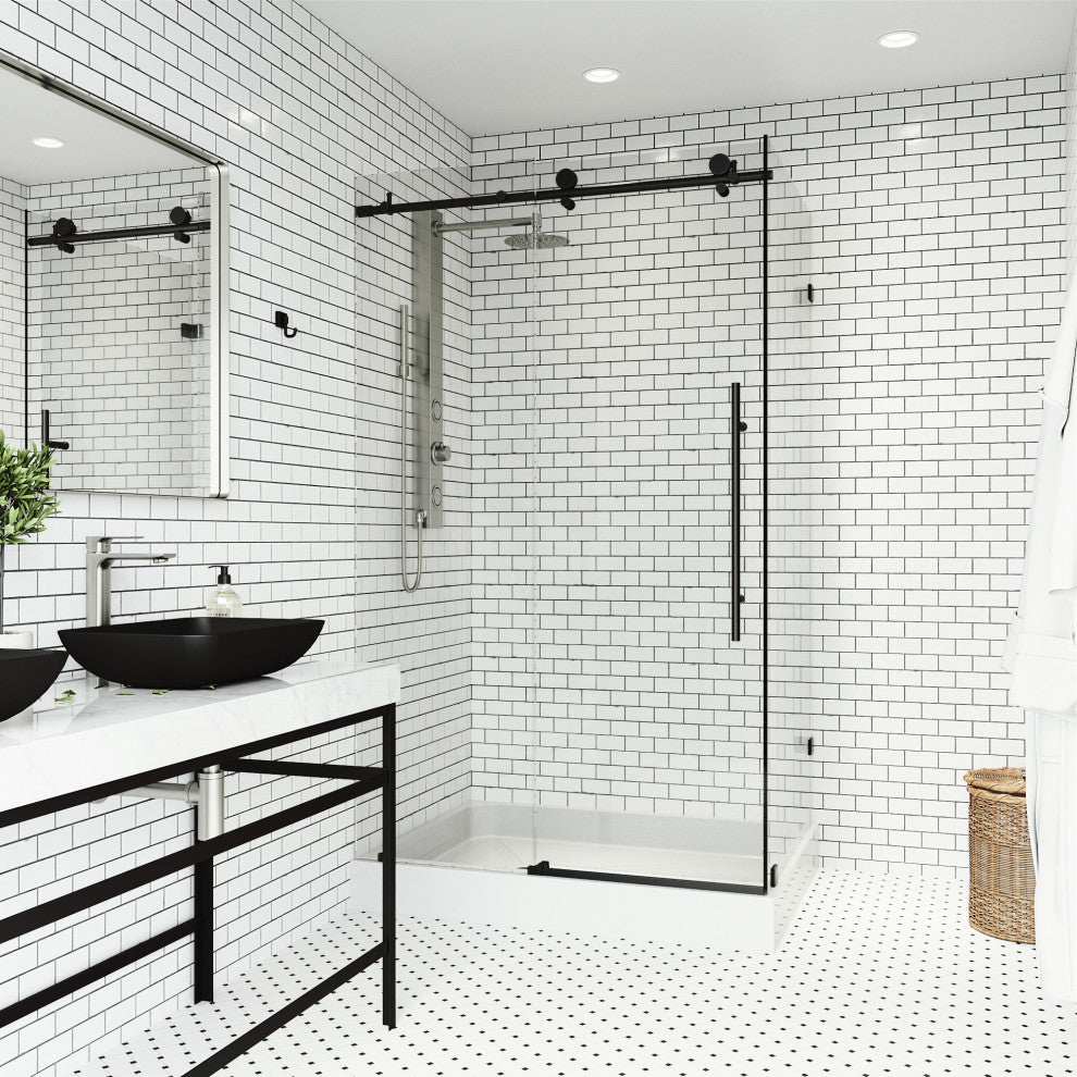 VIGO Elan E-Class Frameless Sliding Shower Enclosure, Matte Black, 36" D X 48" W X 82" H, Left Base