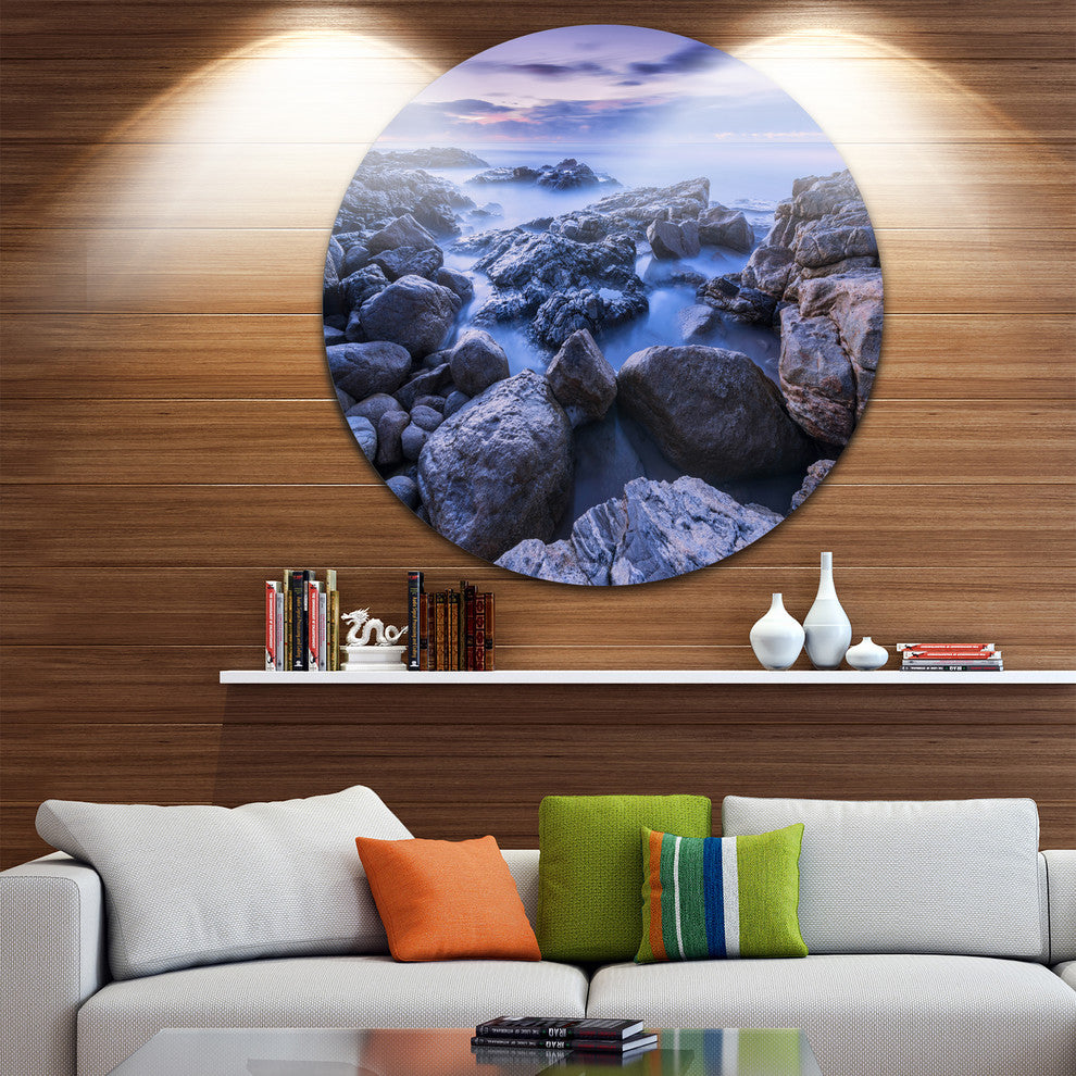 Rocky Blue Seashore In Morning, Modern Seascape Disc Metal Artwork, 23"