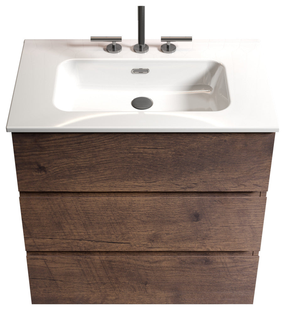 Freestanding Bathroom Vanity Set with White Ceramic Sink Basin, Walnut, 30"