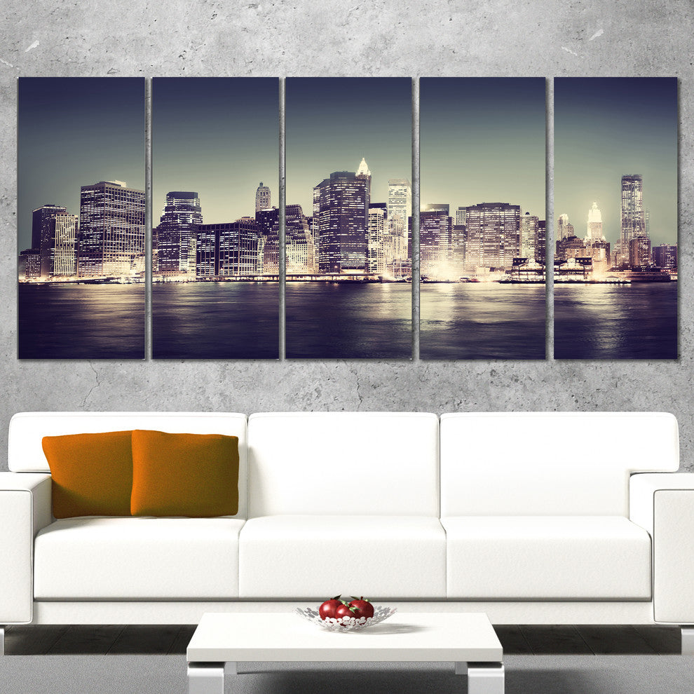 Black and White NYC Night Panorama, Canvas Print, 60"x28", 5 Panels