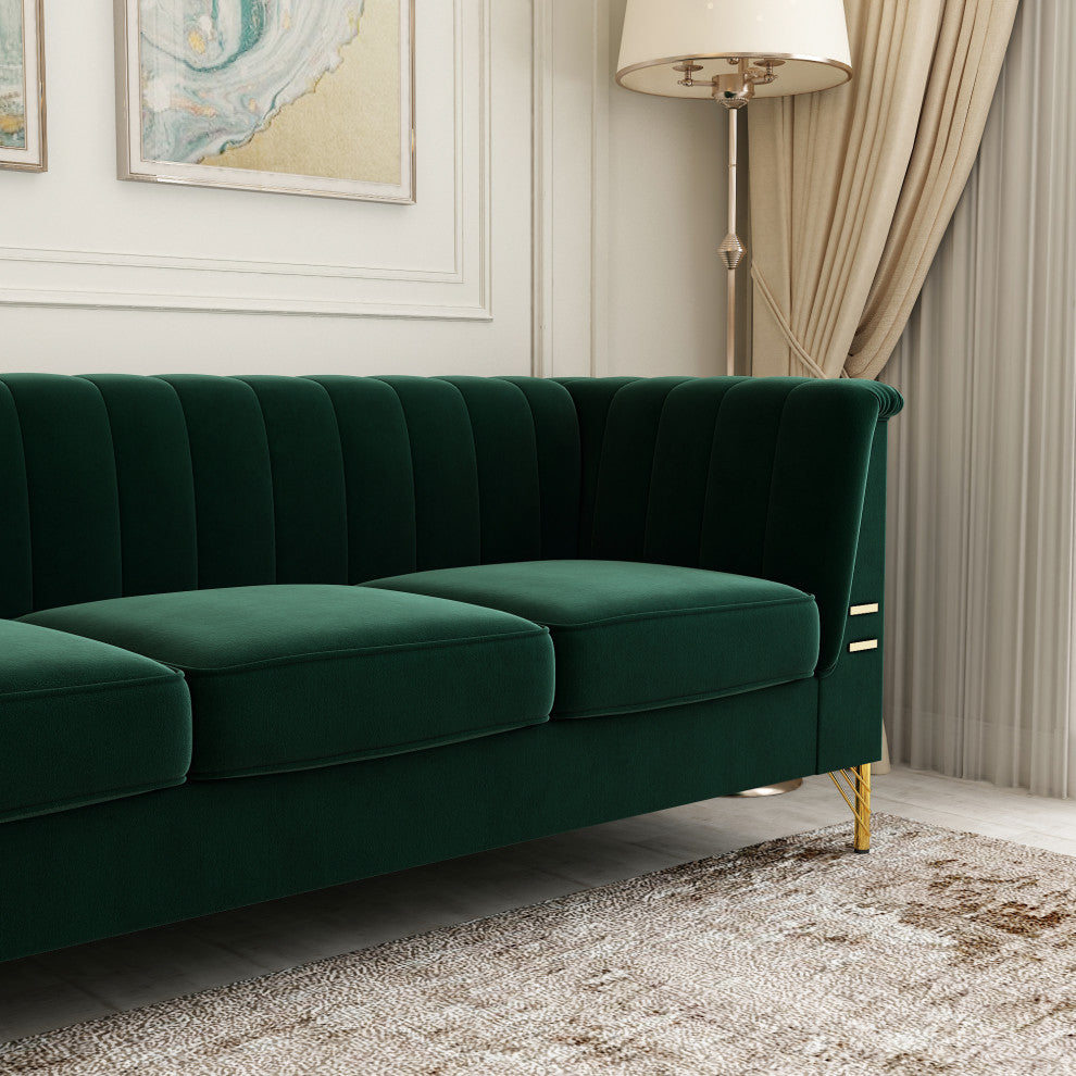 83.4'' Tuxedo Velvet Arm Sofa with Gold Leg, Green