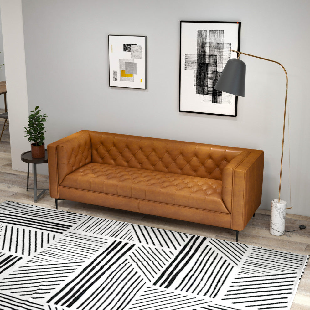 Houston Mid-Century Modern Luxury Chesterfield Genuine Leather Sofa, Cognac