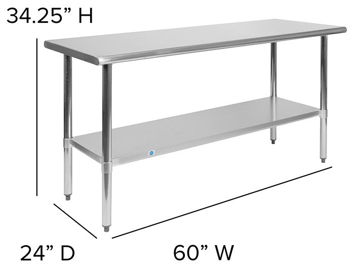 Stainless Steel 18 Gauge Work Table with Undershelf - NSF Certified, 60"w X 24"d