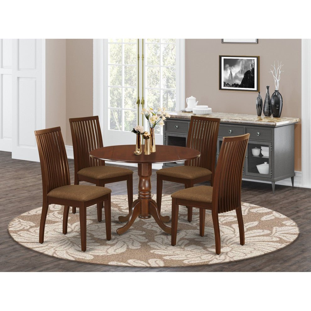 5Pc Dining Set, Round Table, Drop Leaves, Four Linen Seat Chairs, Mahogany