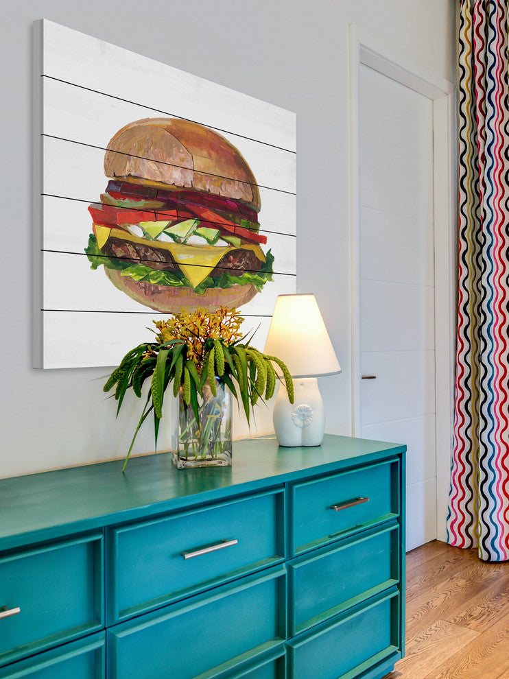 "Ultimate Burger" Painting Print on White Wood, 24"x24"