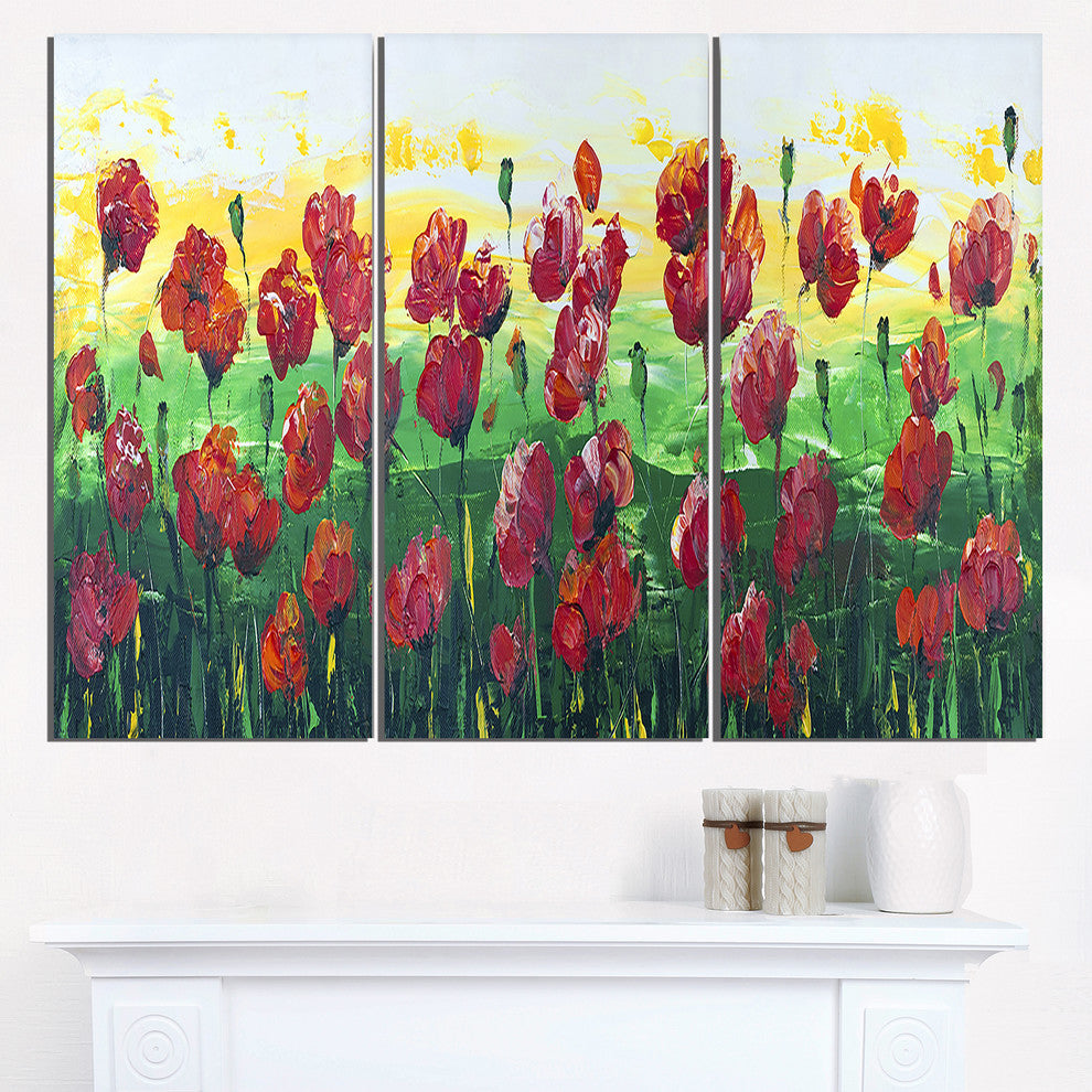 Wild Red Poppies Field Panorama, Modern Landscape Metal Art, 36x28, 3 Panels