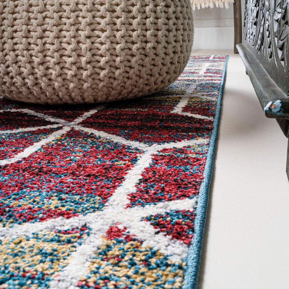 Tumbling Blocks Geometric Multi/White 2'x8' Runner Rug