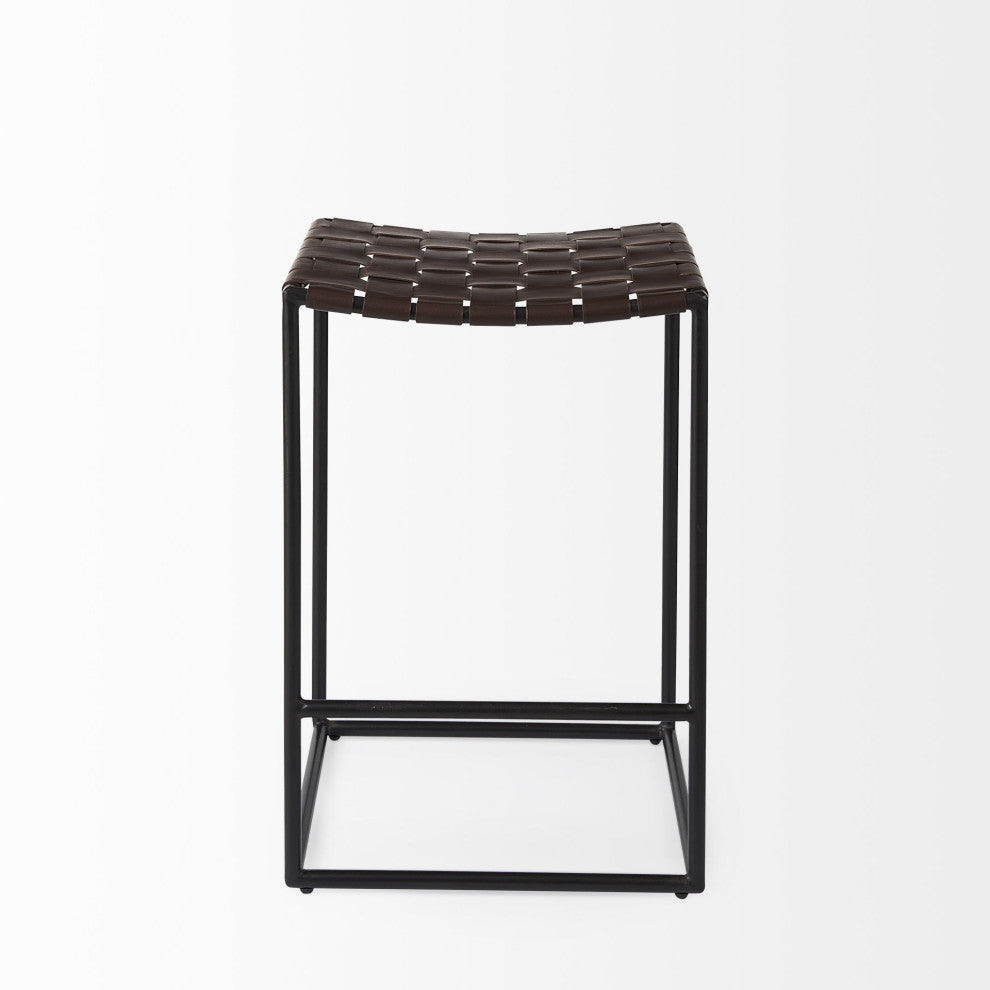 Dark Brown Woven Leather Counter Stool