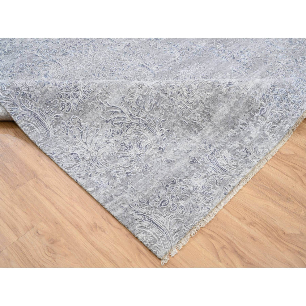 Ivory, Hand Knotted Damask Design, Wool and Plant Based Silk Rug, 10'0" x 13'10"
