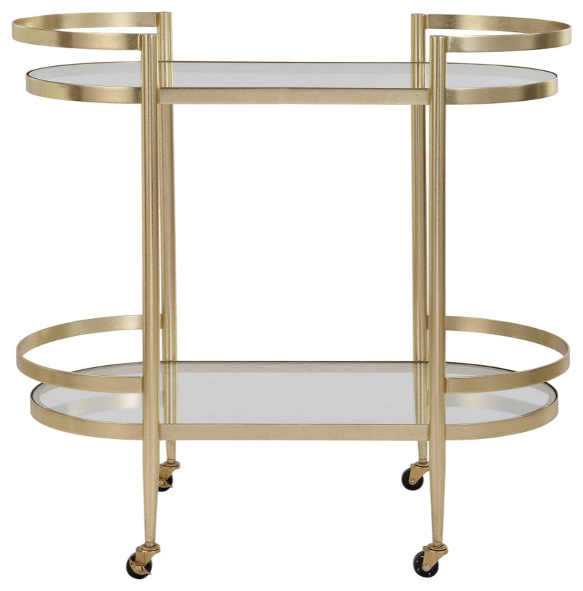 Full front-facing view of the Uttermost Isabelle Gold Bar Cart on a white background; shows entire product with no text.