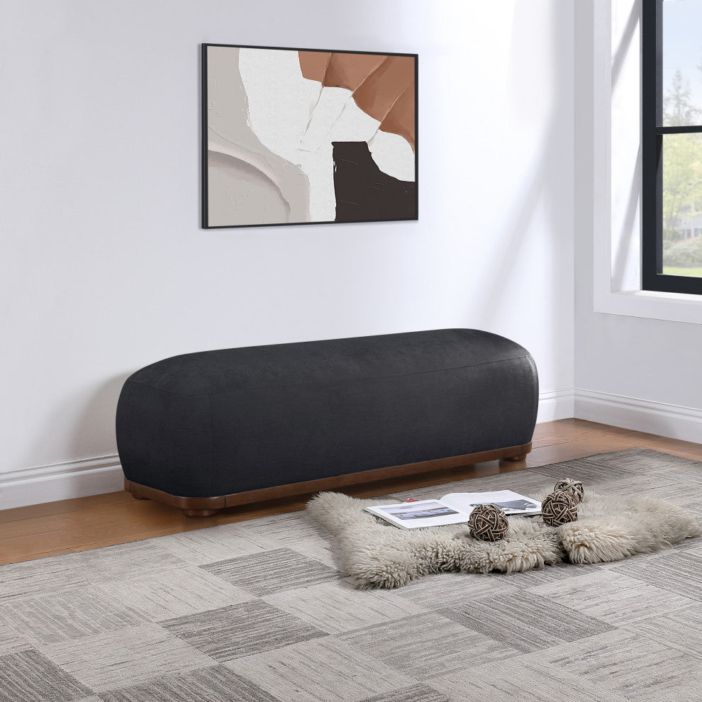 Calum Upholstered Bench, Black, Chenille Fabric, Brown Walnut Finish