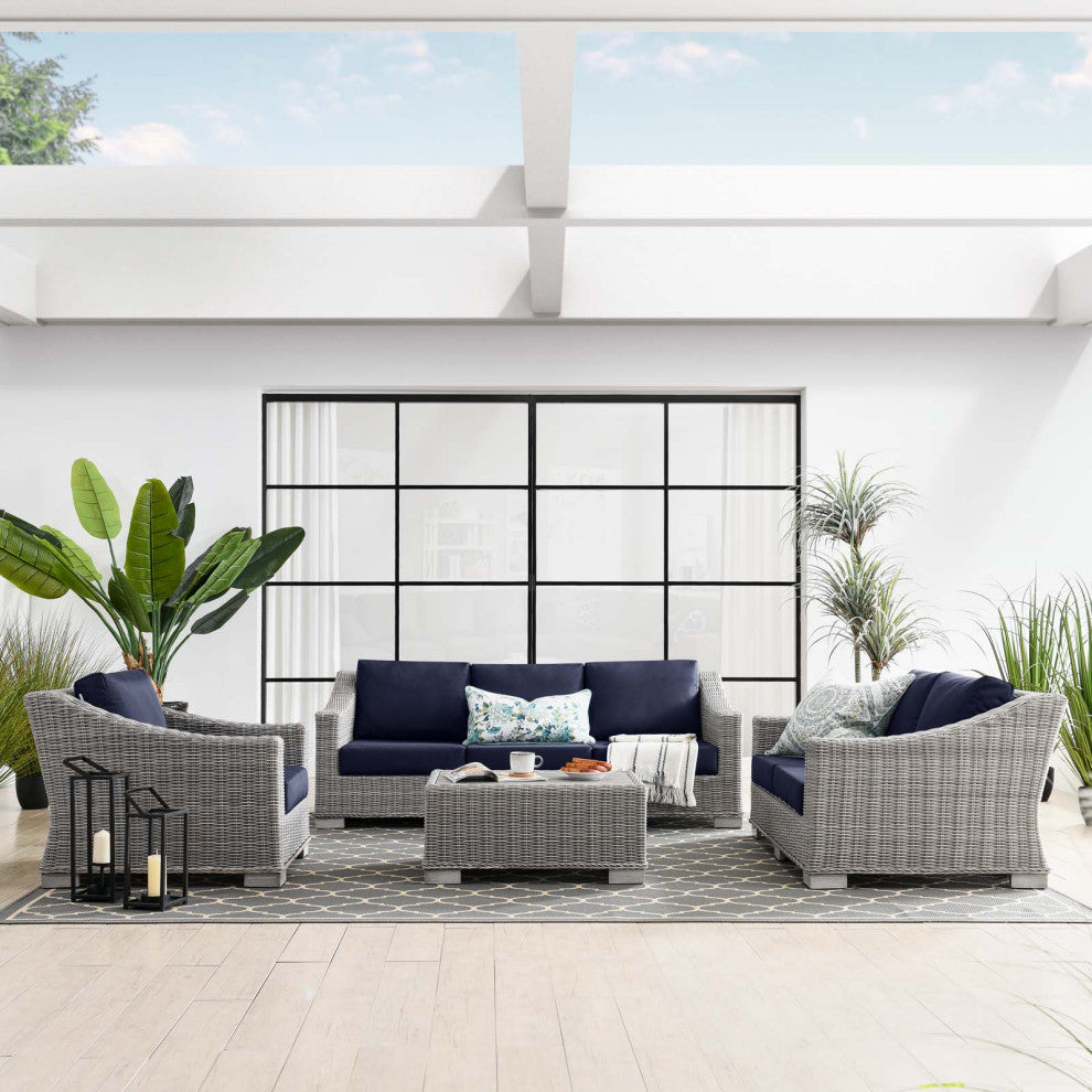 Lounge Sectional Sofa Chair Set, Rattan, Wicker, Gray Blue Navy, Outdoor