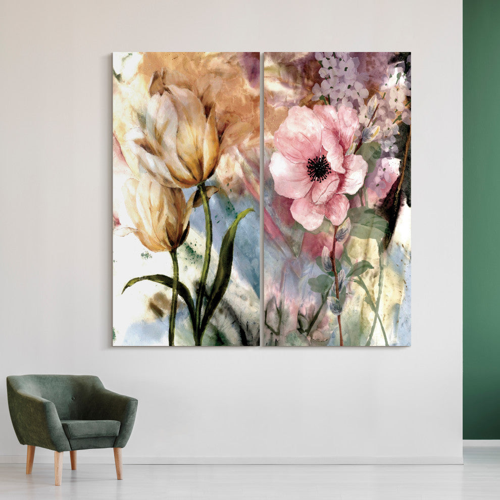 "Pastel Fleur I&II" Frameless Reverse Printed Tempered Glass Wall Art Set of 2
