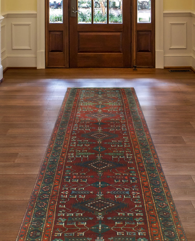 Fine Vintage Distressed Aria Red/Green Runner, 3'7x12'2