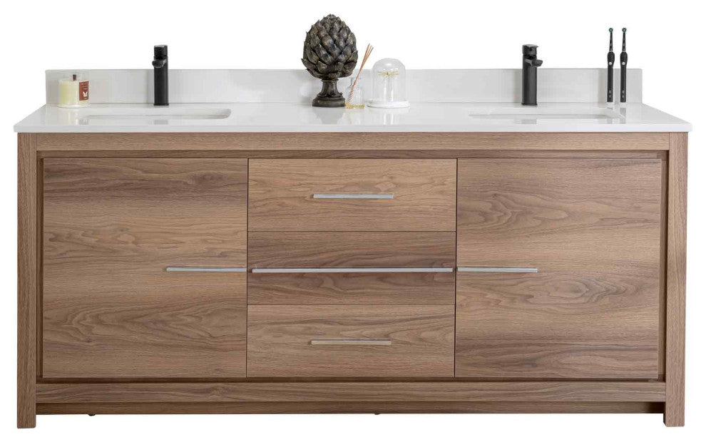 Mila Collection 72" Bathroom Vanity With Sink, Mirror, Countertop, Walnut Brown