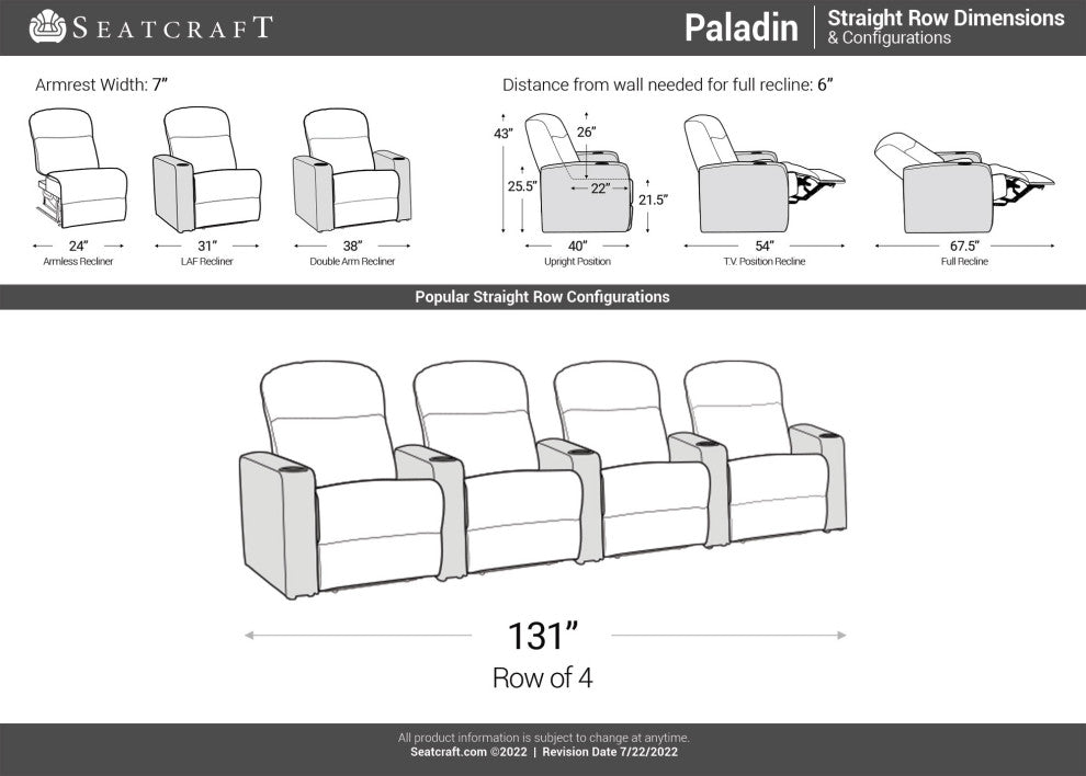 Seatcraft Paladin Home Theater Seating, Brown, Row of 4
