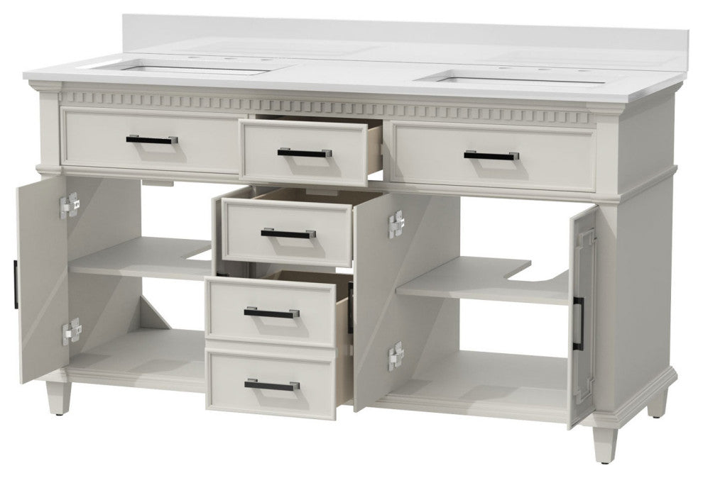60''Wood Bathroom Vanity Set, With Drawers, Marble Top And Undermount Sink, White