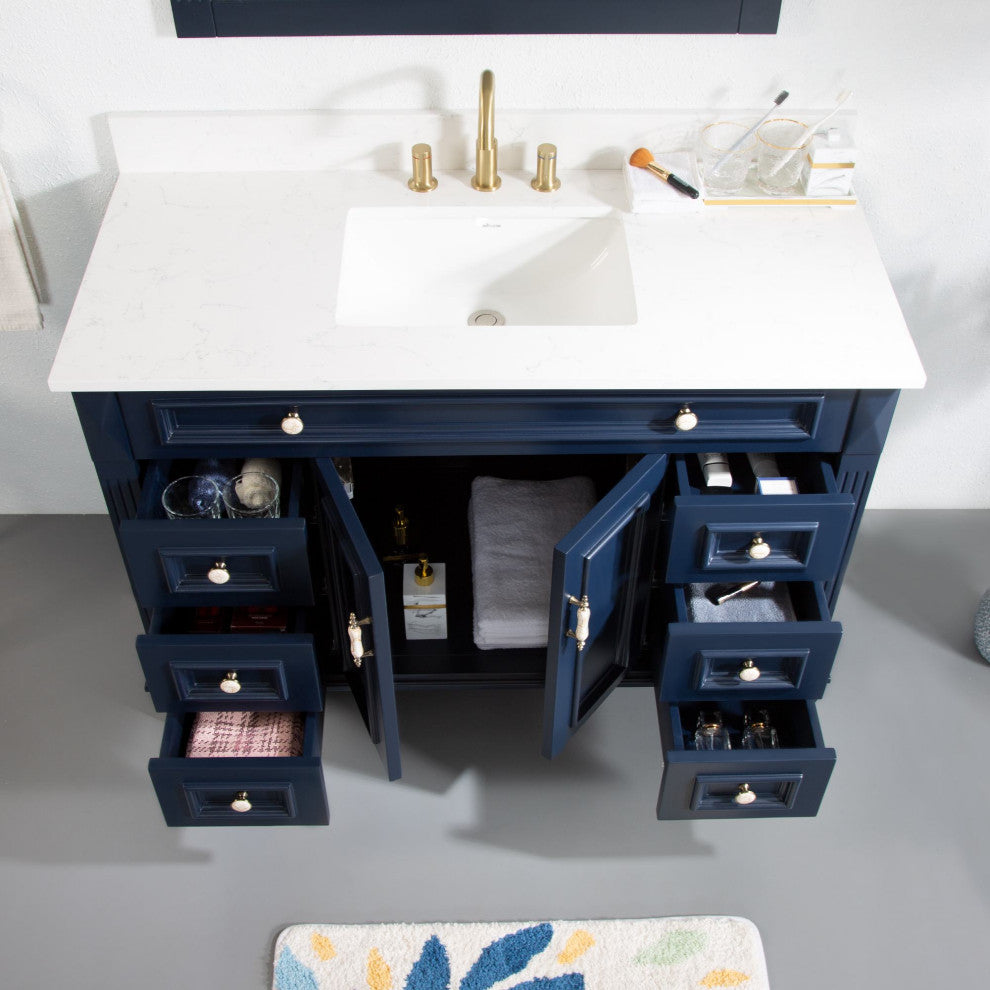 48 Inch Bathroom Vanity Set with 38 Inch Mirror, Quartz Top, cUPC Certified Sink, Navy Blue