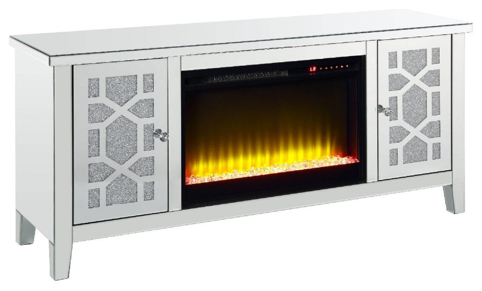 Benzara BM273255 Mirrored TV Stand, Timer Fireplace, Acrylic Diamond, Silver