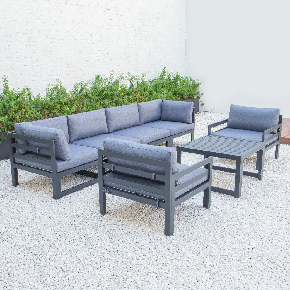 LeisureMod Chelsea 7-Piece Patio Sectional With Coffee Table, Blue