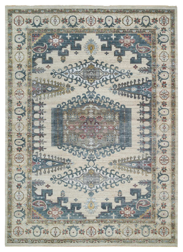 Ivory Hand Knotted Reimagined Viss Design 100% Wool Oriental Rug, 10'x14'