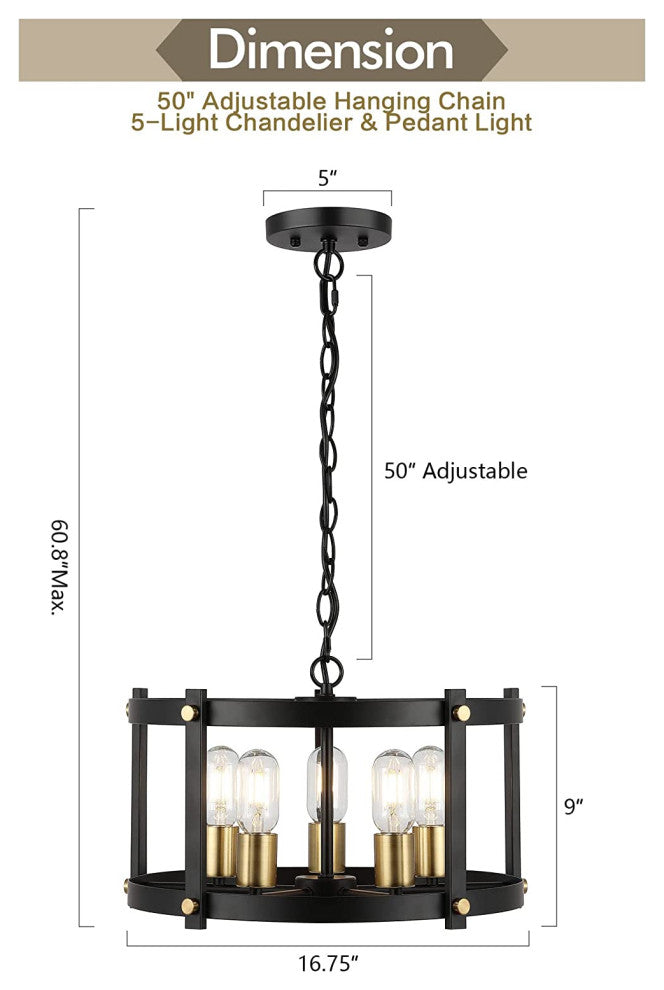 5 Light Farmhouse Chandelier Industrial Hanging Pendant Light Fixture