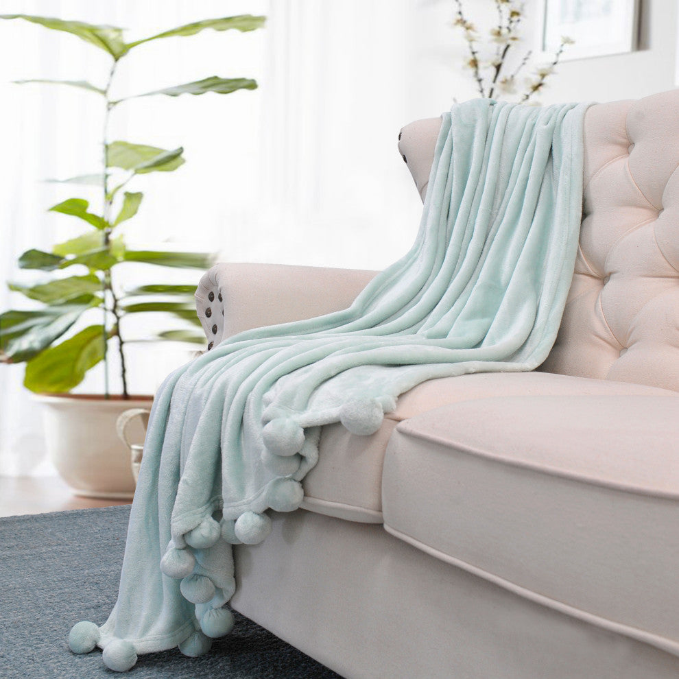 Pom Pom Flannel Fleece Throw Blanket, Harbor Grey, 60" X 80"
