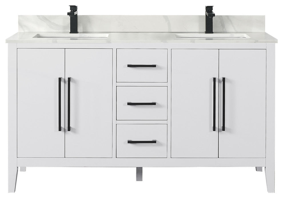 Laurel Bathroom Vanity with Calacatta White Quartz Stone Countertop, White, 60", Without Mirror