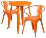 Commercial Grade 24" Round Orange Metal Indoor-Outdoor Table Set, 2 Arm Chairs