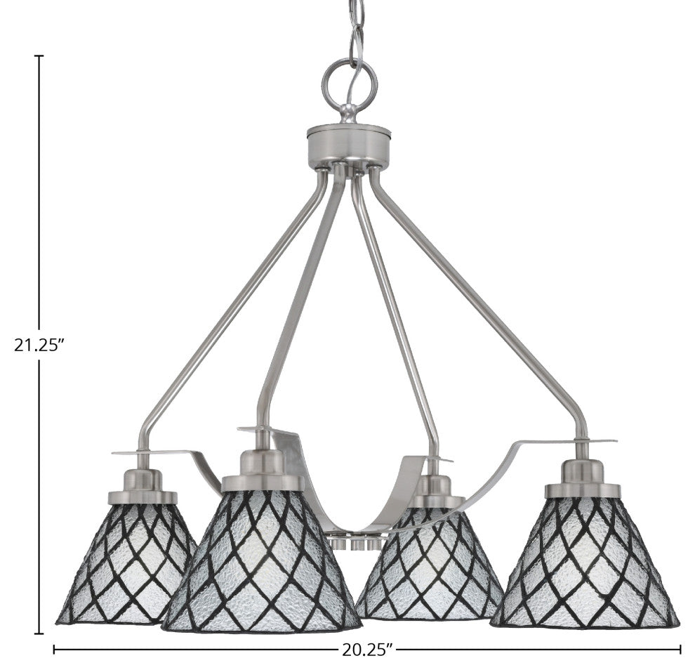 Odyssey 4 Light, Chandelier In Brushed Nickel Finish, 7" Diamond Ice Art Glass