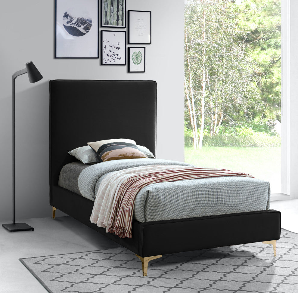 Geri Velvet Upholstered Bed, Black, Twin