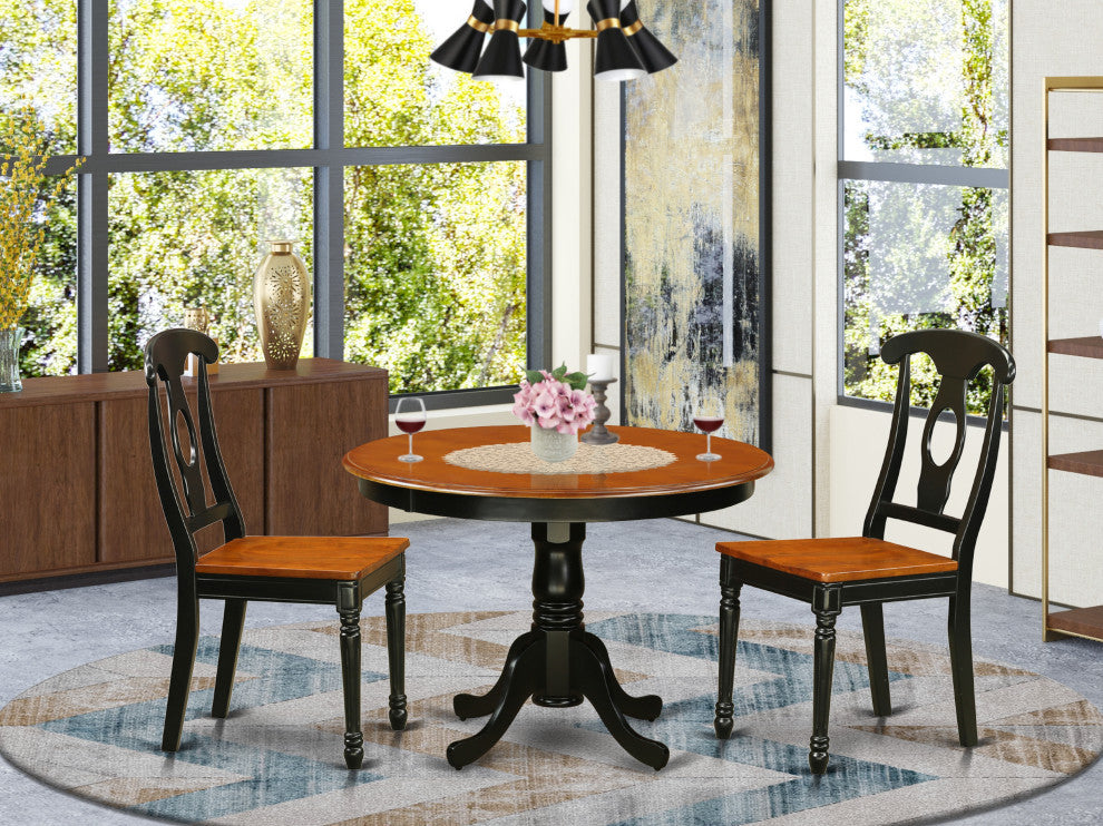 3 Pc Set With A Round Small Table And 2 Wood Dinette, Black And Cherry