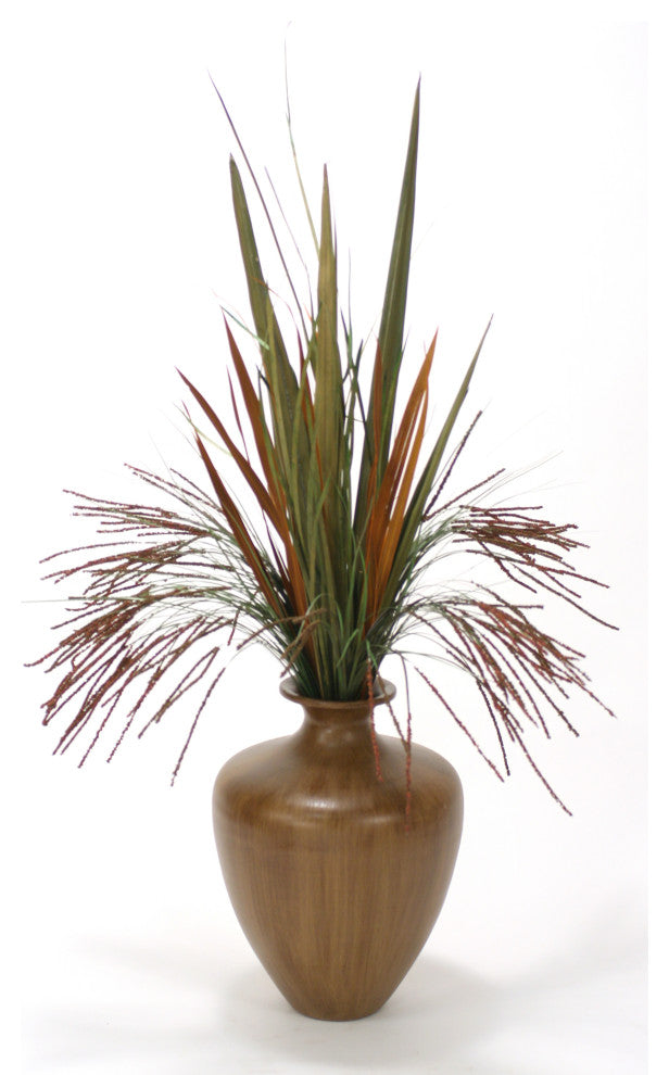 Seeded Grass and Blade Grasses in Brown Vase