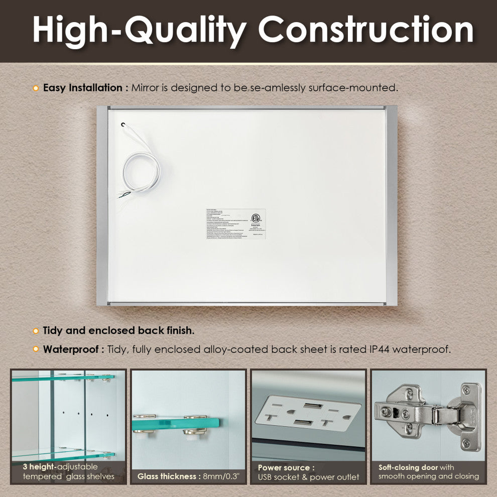 Serra Frameless Surface-Mount LED Lighted Bathroom Medicine Cabinet, 48"