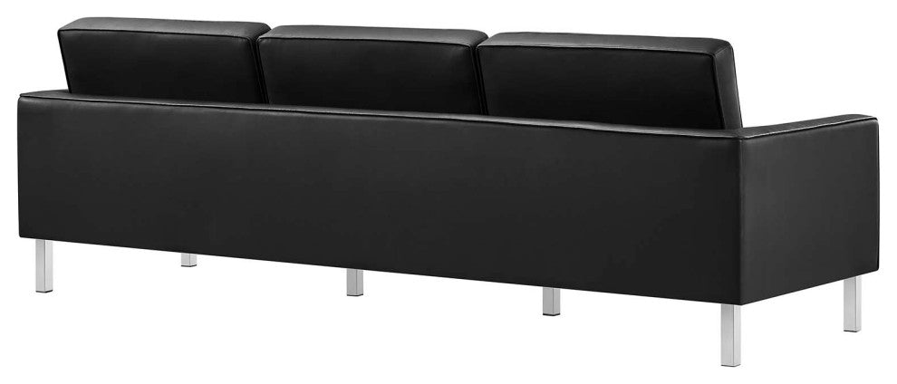 Loft Tufted Vegan Leather Sofa and Ottoman Set, Silver Black