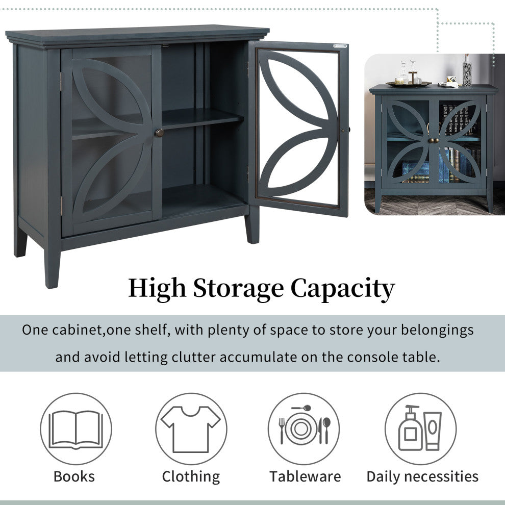 Wood Double Transparent Door Accent Cabinet with Adjustable Shelf, Navy Blue, 32