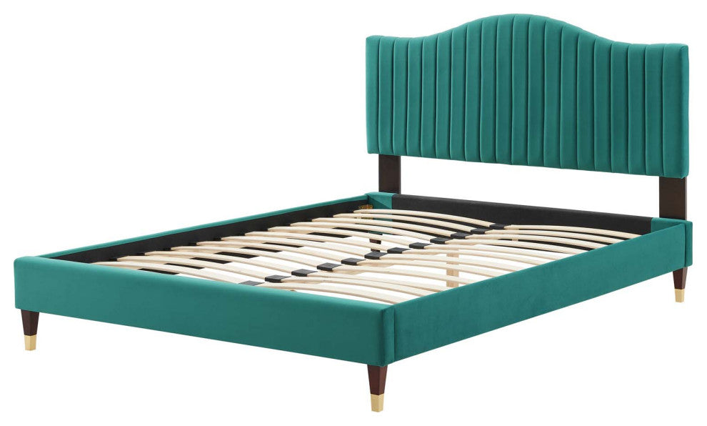 Tufted Platform Bed Frame, King Size, Velvet, Teal Blue, Modern Contemporary