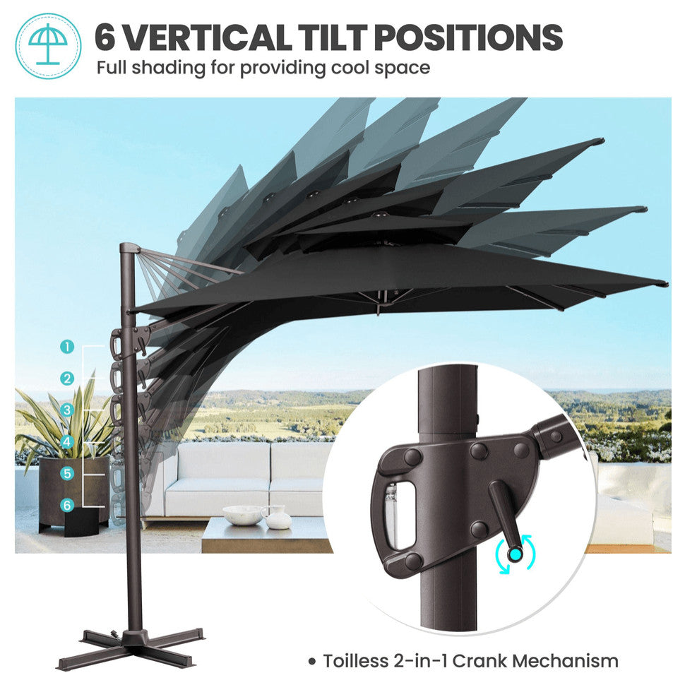 11' Black Polyester Round Tilt Cantilever Patio Umbrella With Stand