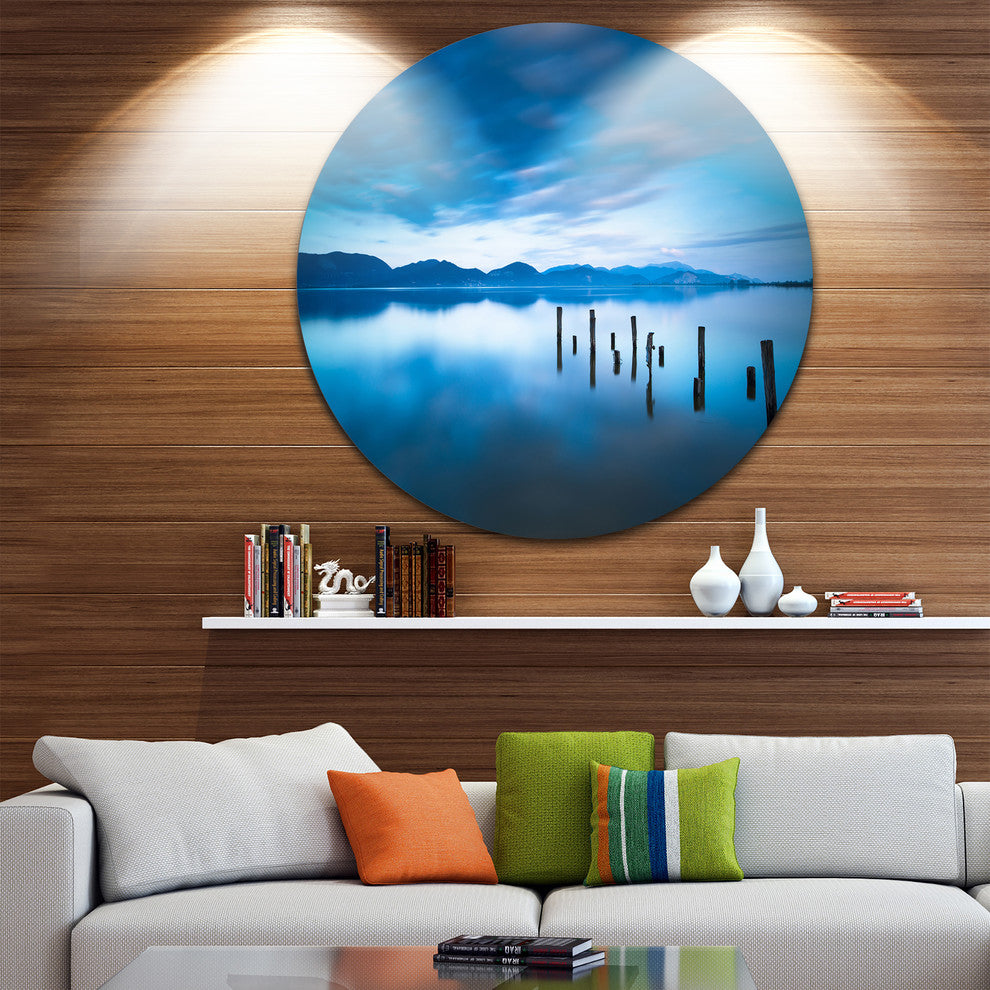Blue Lake With Wooden Pier, Landscape Photo Disc Metal Wall Art, 23"