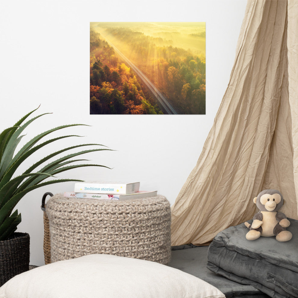 Sunrise Railroad Though Misty Forest Landscape Photo Loose Wall Art Prints, 16" X 20"