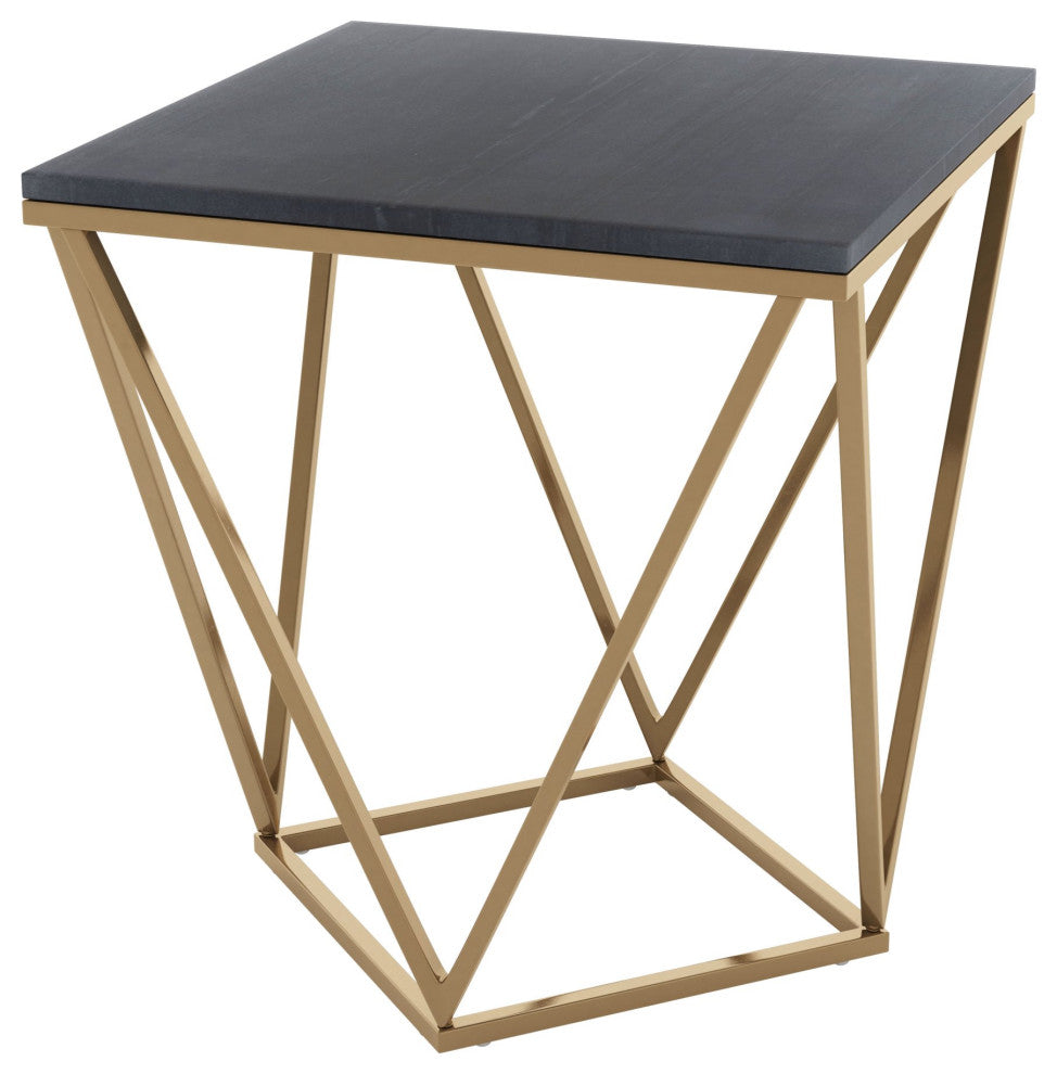 Sofa Side Table, Square, Artificial Marble, Iron Metal, Black, Antique Brass