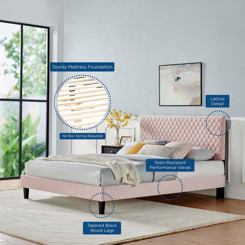 Platform Bed Frame, King Size, Pink, Velvet, Modern, Bedroom Master Guest Suite