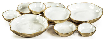 Cluster of Nine Round Serving Bowls With White Enamel Interior, Gold