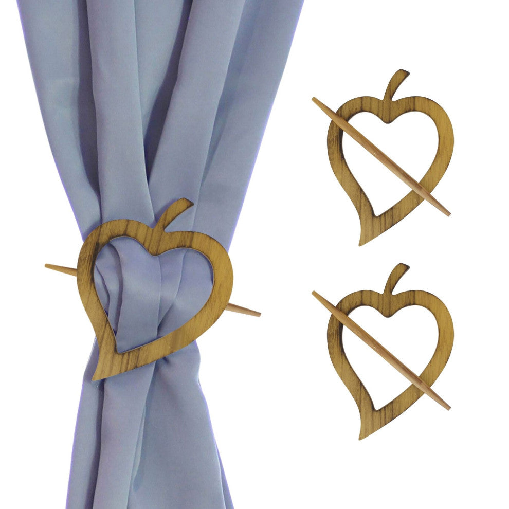 Wooden Heart Curtain Tieback "“ Decorative and Functional Design, Natural, Pack of 2