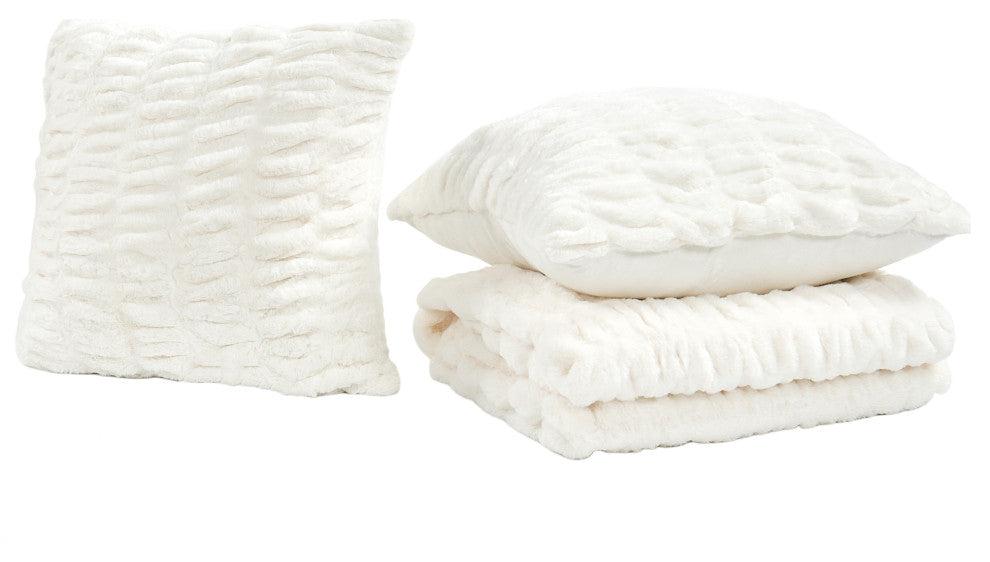 Faux Fur Shar Pei 3 Piece Throw and Pillow Shell Set, Cloud Dancer, 60"x80"