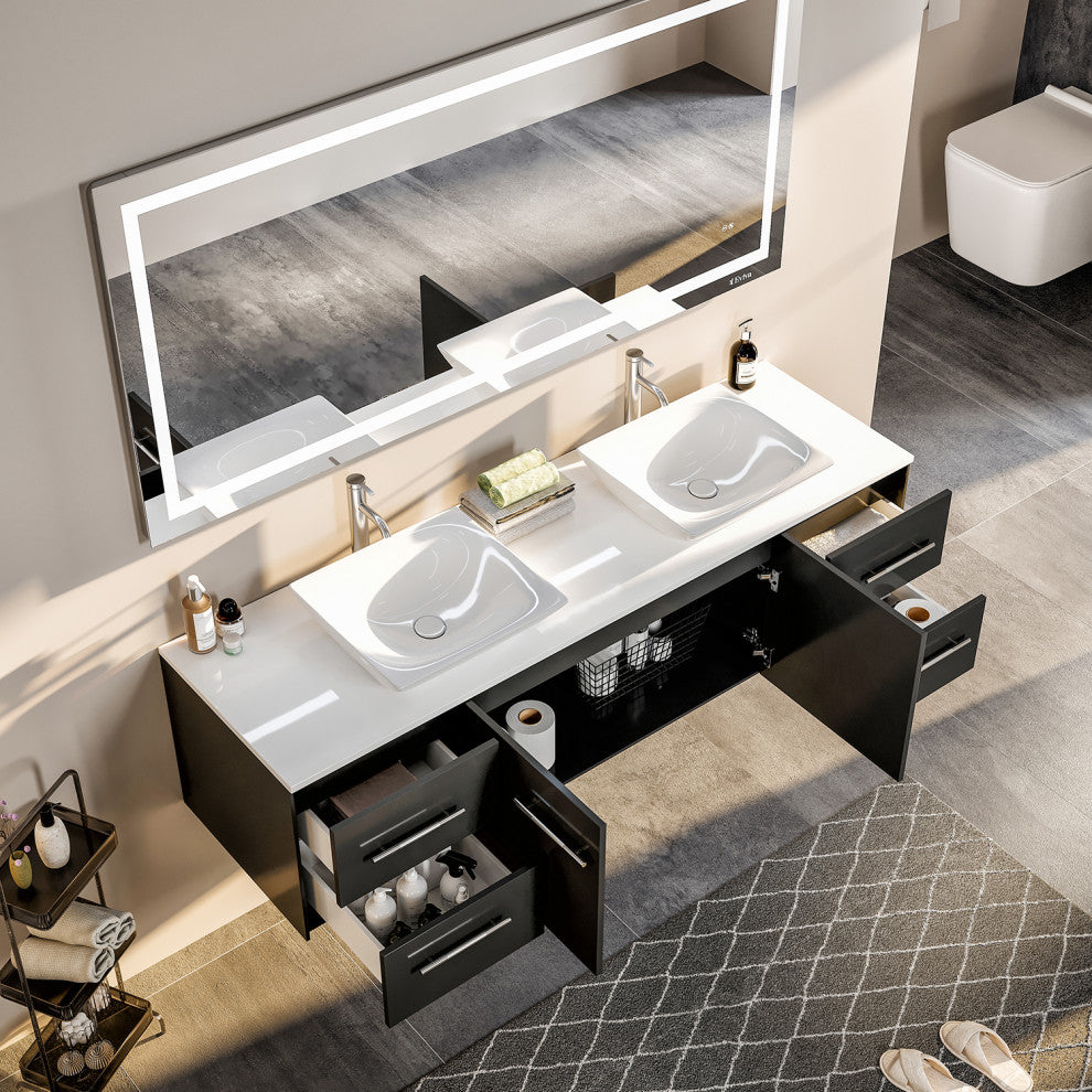 Eviva Wave Wall Mount DS Bath Vanity with WH Quartz Countertop, Espresso, 60"